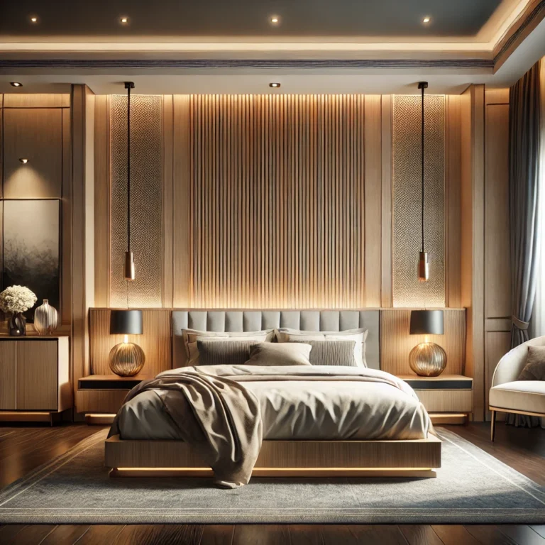 DALL·E 2025-02-08 13.35.01 - A stylish bedroom featuring a luxurious bed with a wooden headboard, elegant nightstands, and soft ambient lighting