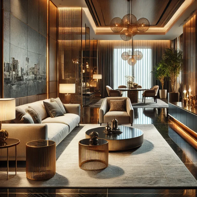DALL·E 2025-02-08 13.35.06 - A luxurious modern living room featuring high-end furniture, including a designer sofa, elegant coffee table, and stylish lighting