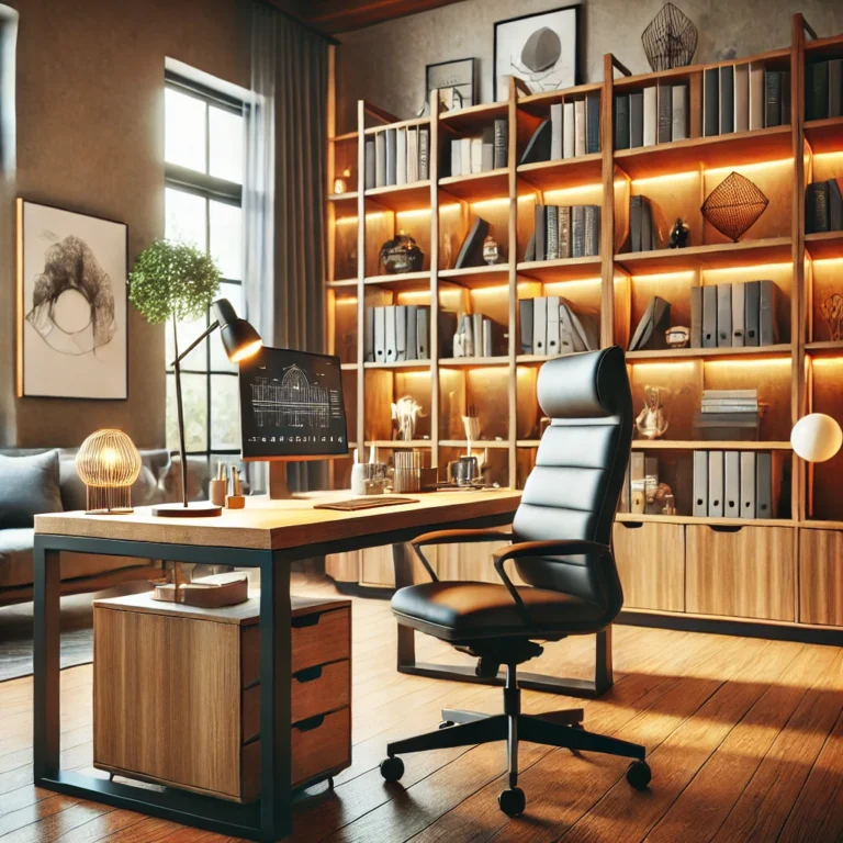 DALL·E 2025-02-08 13.35.14 - A modern home office setup with a sleek wooden desk, ergonomic chair, and stylish bookshelves