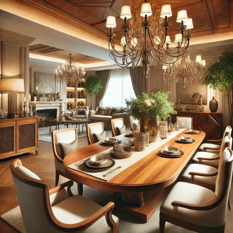 DALL·E 2025-02-08 13.37.28 - A beautifully designed dining room with a handcrafted wooden table, elegant chairs, and a stylish chandelier