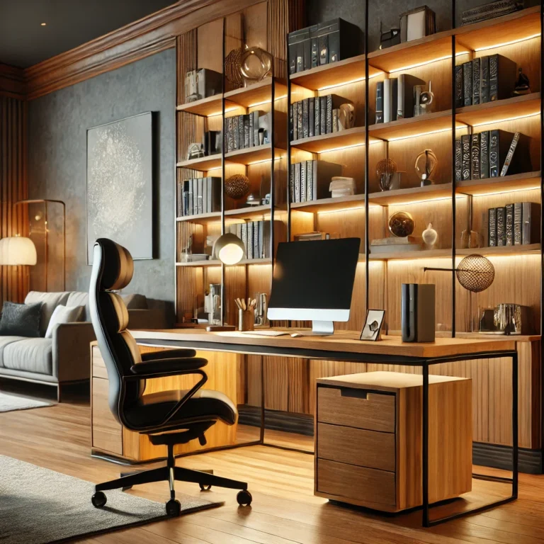 DALL·E-2025-02-08-13.38.33-A-modern-home-office-setup-with-a-sleek-wooden-desk-ergonomic-chair-and-stylish-bookshelves.-The-space-is-well-lit-with-warm-lighting-showcasing-pr