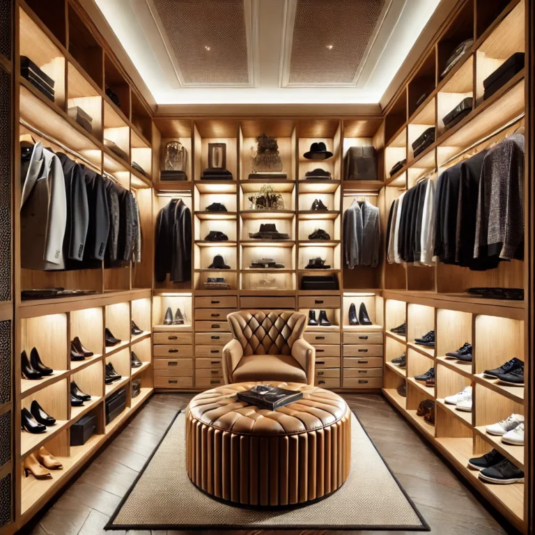 DALL·E-2025-02-08-13.40.31-A-luxurious-walk-in-closet-with-custom-wooden-shelves-elegant-lighting-and-a-stylish-seating-area.-The-space-is-organized-with-premium-craftsmanship